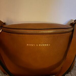 Poppy & Peonies Cognac Tan Pebbled Leather Crossbody with Gold Logo